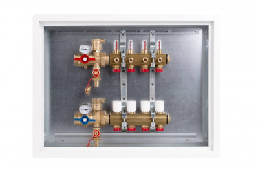 R553FKA04 - kompletní rozdělovač R553F s průtokoměry, kulovými kohouty, vypouštěním, odvzdušněním a skříní do zdi