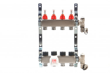 R553FSDB - Komletní nerezový rozdělovač s automatickou regulací průtoku (dynamic balancing) s průtokoměry, vypouštěním, odvzdušněním a držáků R588Z. Skříň není součástí.