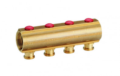 R553S - Mosazný rozdělovač s integrovaným uzavíratelným regulačním šroubením pro každý vývod, s adaptérovými vývody ø18 nebo Euroconus, rozteč 50 mm.