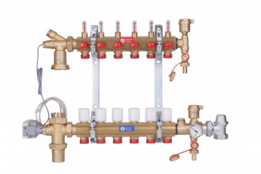 R557FMS-1 - Směšovací rozdělovač s průtokoměry pro podlahové vytápění do nízkoteplotních avysokoteplotních systémů a motorem K282. Pro elektronické čerpadlo.
