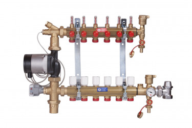 R557FMS-G - Směšovací rozdělovač s průtokoměry pro podlahové vytápění do nízkoteplotních a vysokoteplotních systémů s elektronickým čerpadlem Grundfos Aplha. Skříň není součástí.