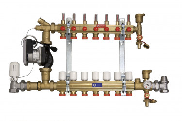 R557FS-W - Směšovací rozdělovač s průtokoměry pro podlahové vytápění s vysokoteplotními zdroji, s elektronickým čerpadlem WILO PARA. Skříň není součástí.