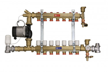 R557S-G - Směšovací rozdělovač pro podlahové vytápění s vysokoteplotními zdroji, termostatická regulace, s elektronickým čerpadlem Grundfos Alpha 2. Skříň není součástí.