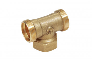 R569R - Mosazný T-kus pro 2x měděnou trubku nebo trubku z umělé hmoty a 1x železnou trubku (vnitřní závit), bez adaptérů R178 nebo R179.